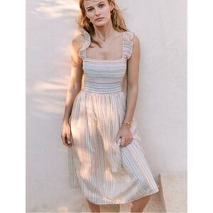 MADEWELL | Ruffle-Strap Smocked Midi Dress in Rainbow Stripe Pearl, Size Medium
